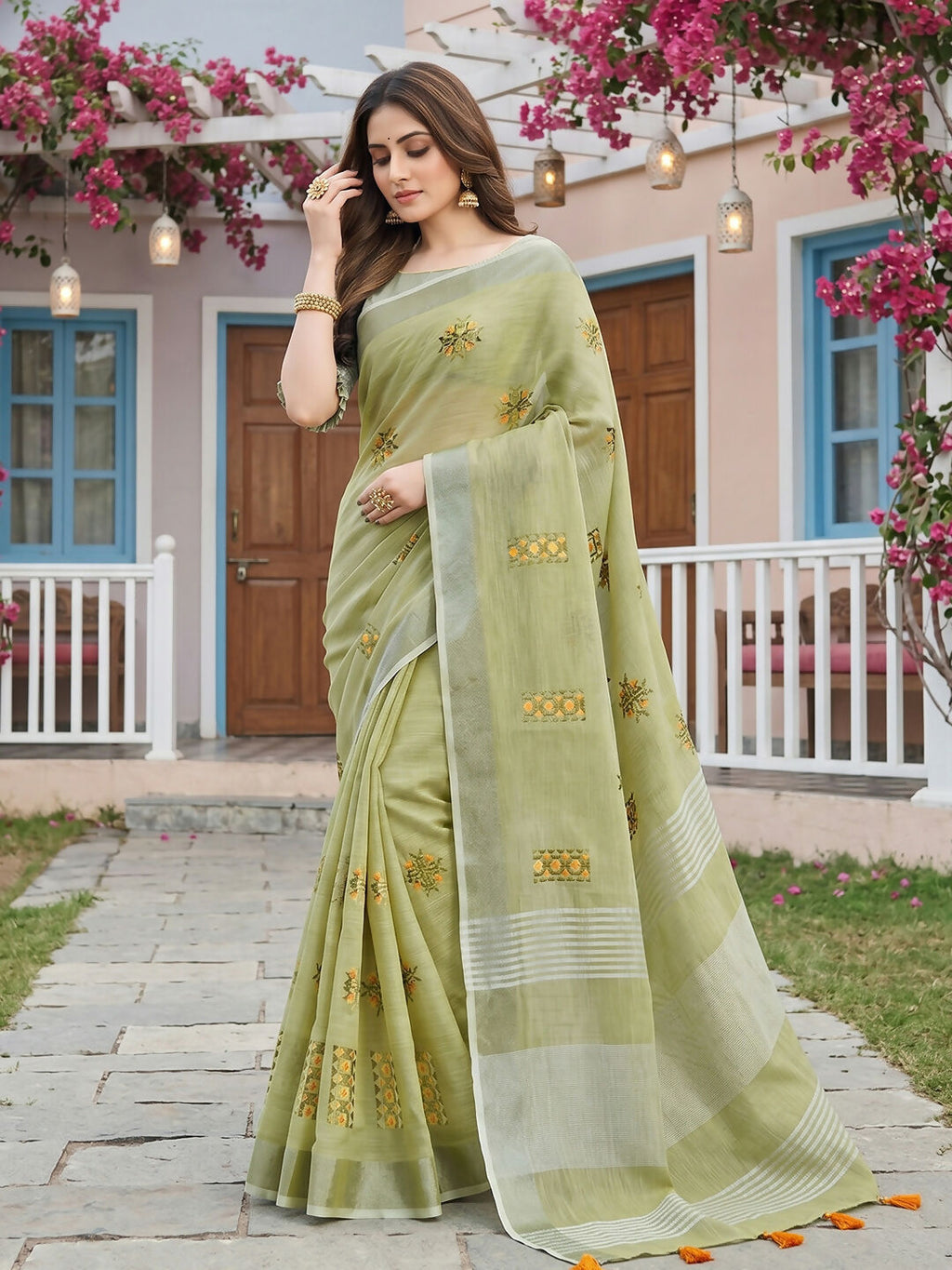 Pista Green Linen Saree with Matching Linen Blouse Piece