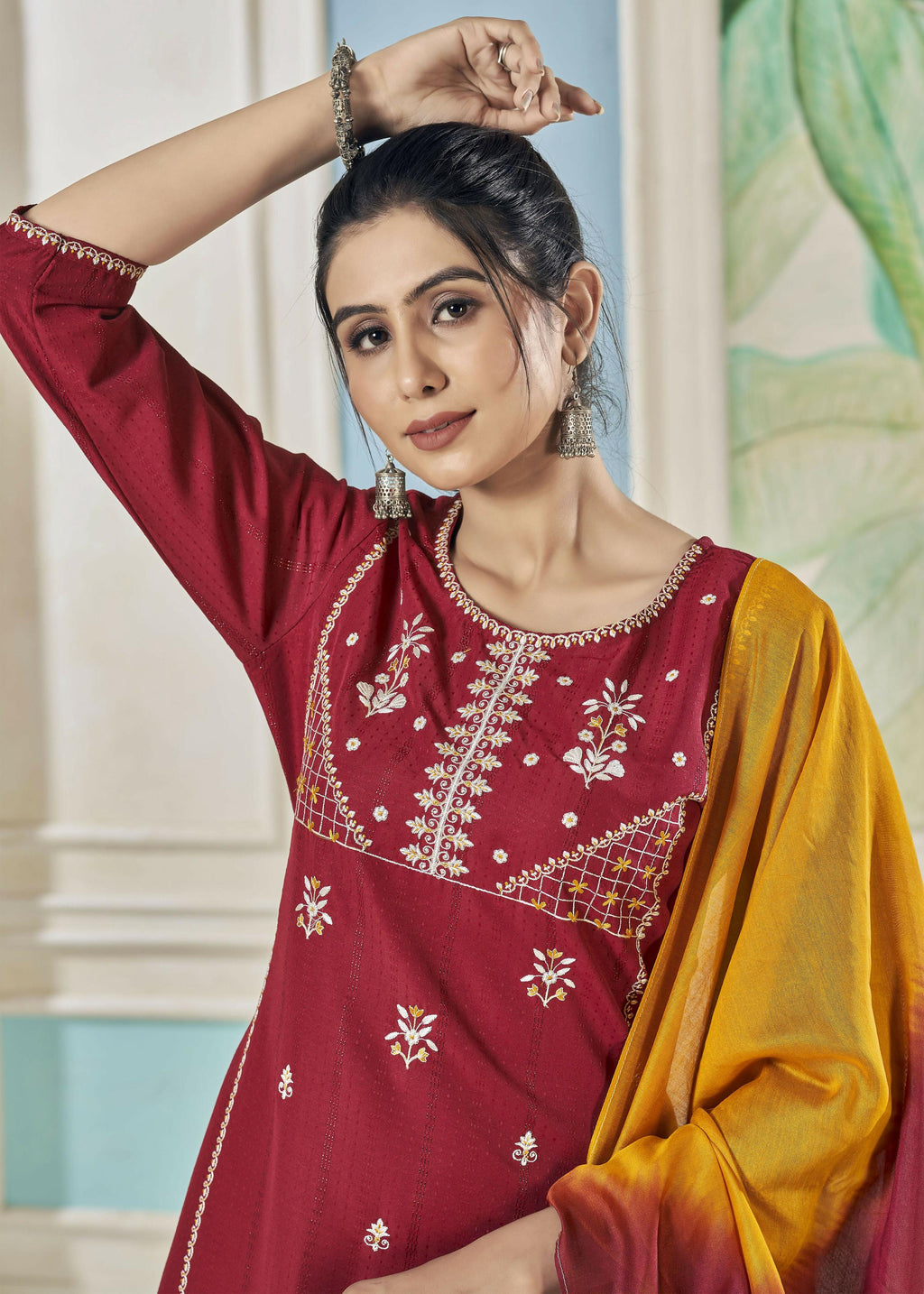 Women's Maroon Pure Viscose Straight Kurta with Embroidery