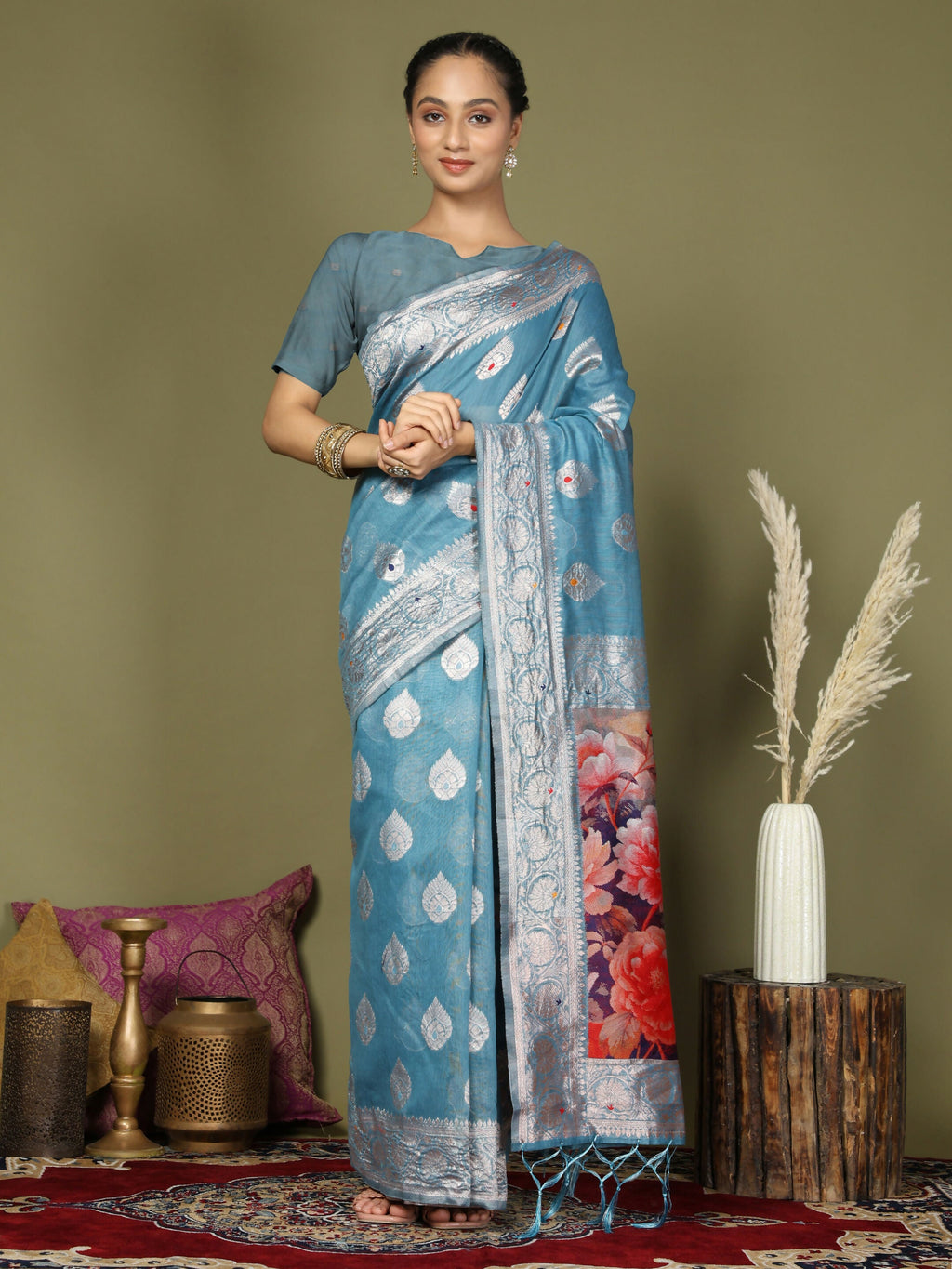 Elegant sky blue linen cotton saree with matching blouse piece