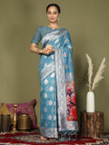 Elegant sky blue linen cotton saree with matching blouse piece