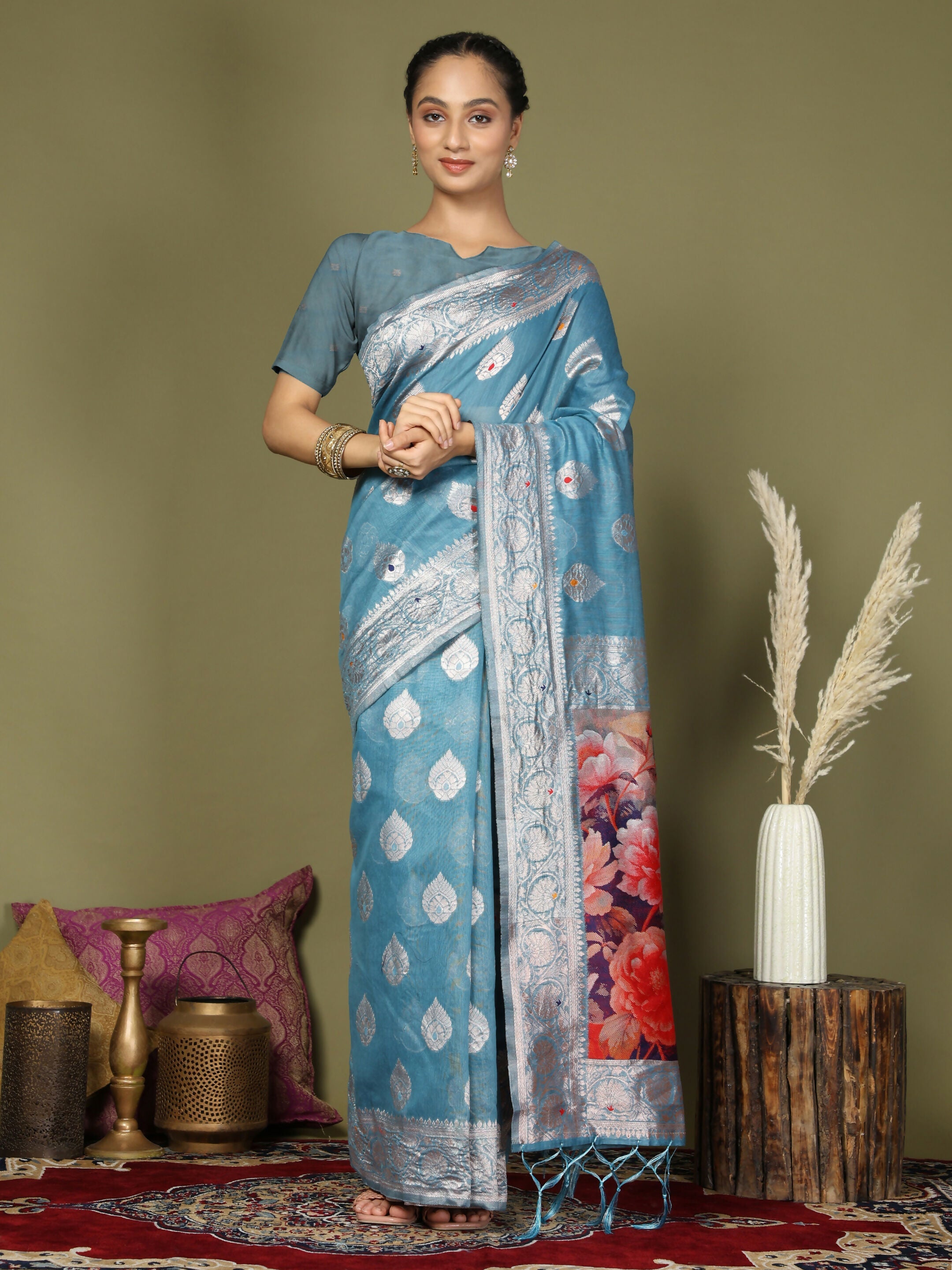Elegant sky blue linen cotton saree with matching blouse piece