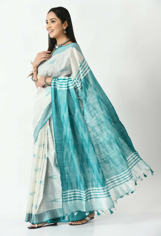 White & Sea Green Bhagalpuri Handloom Ikat Cotton Saree