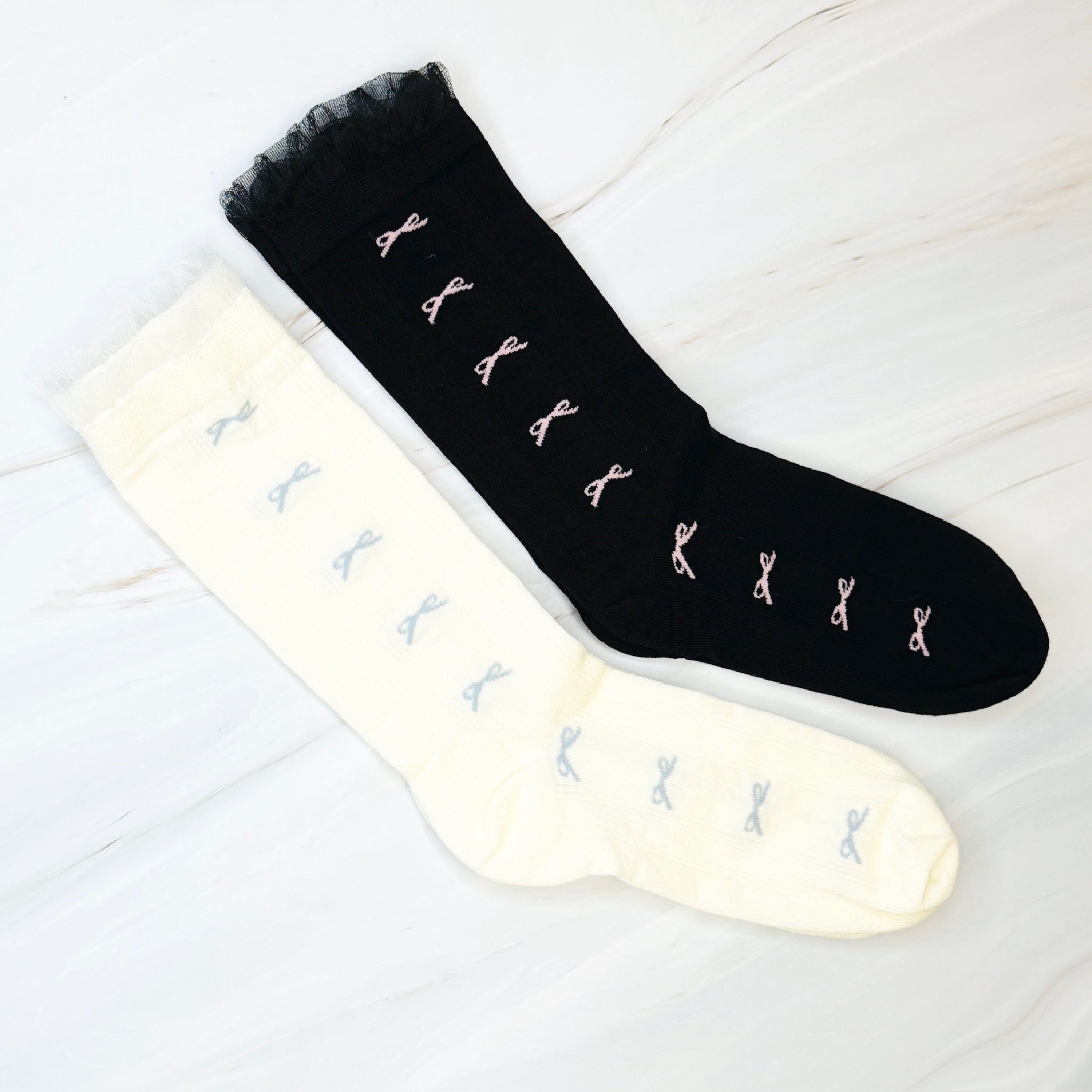 Tulle Top Bow Lined Up Socks Set Of 2