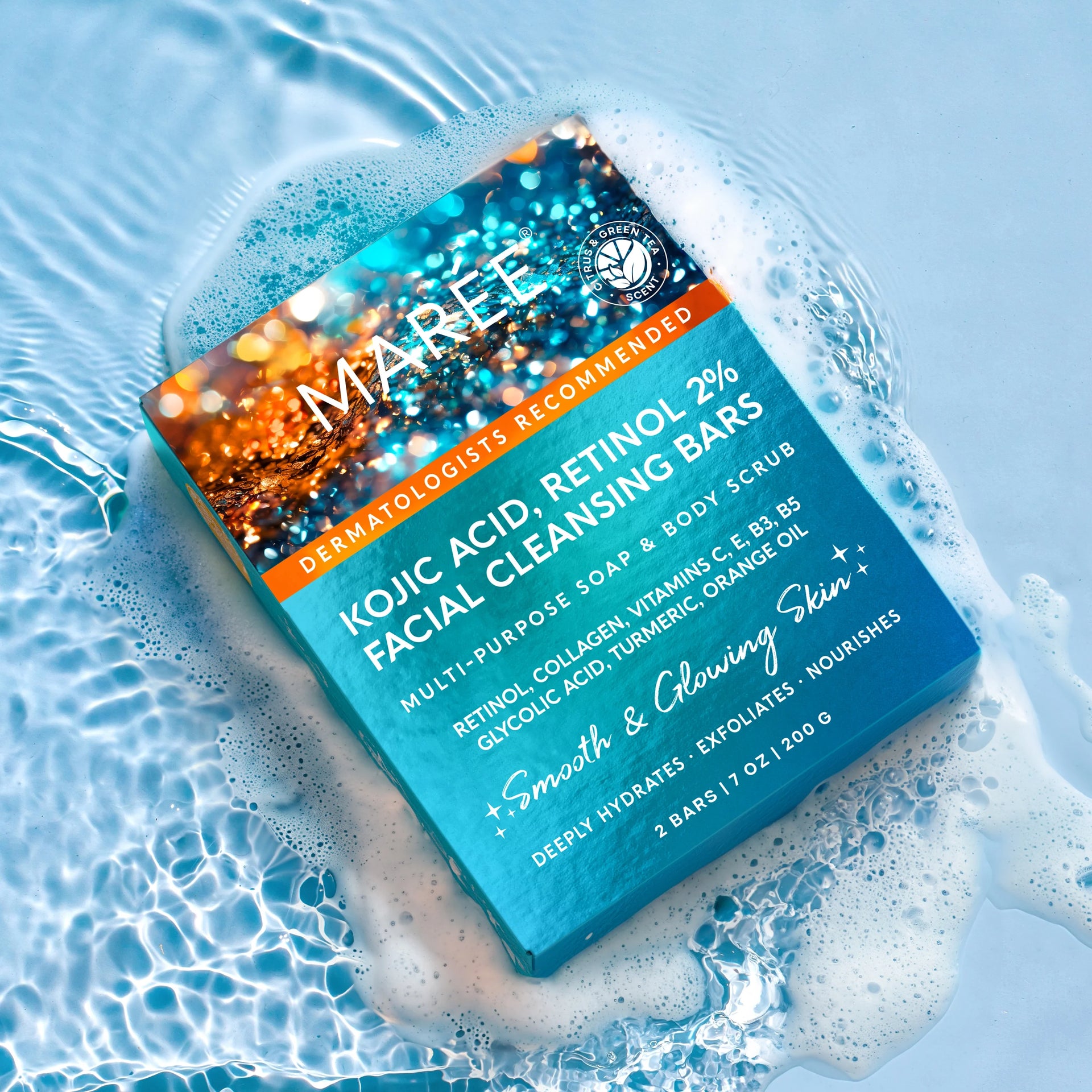 Two bars of Maree Kojic Acid and Retinol cleansing soap and scrub set with vitamin infusion