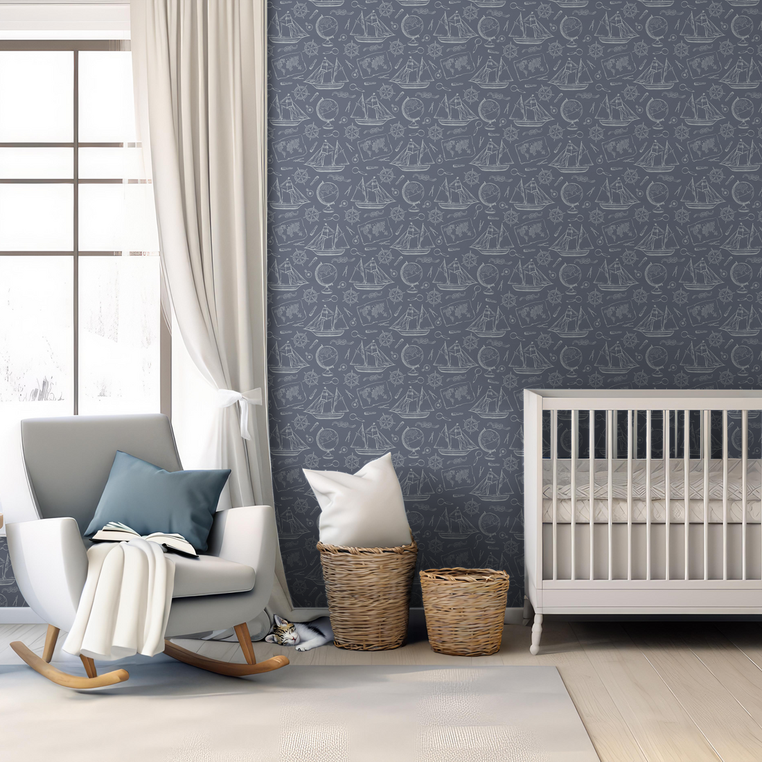 Turner removable wallpaper in blue-grey, white, and beige
