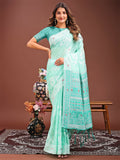 Sea Green Linen Cotton Saree with matching blouse piece draped elegantly.