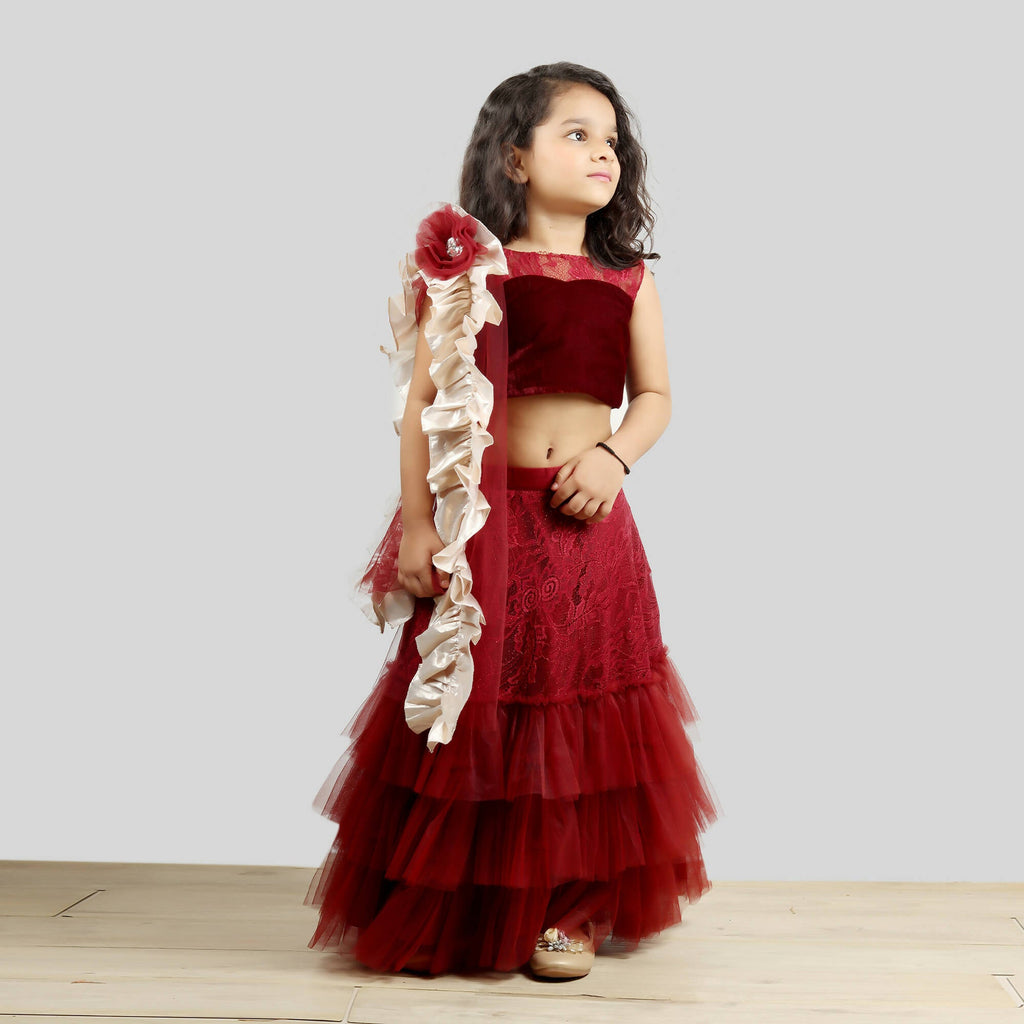 Maroon and Pink Velvet Choli with Net Ghagra and Frill Dupatta
