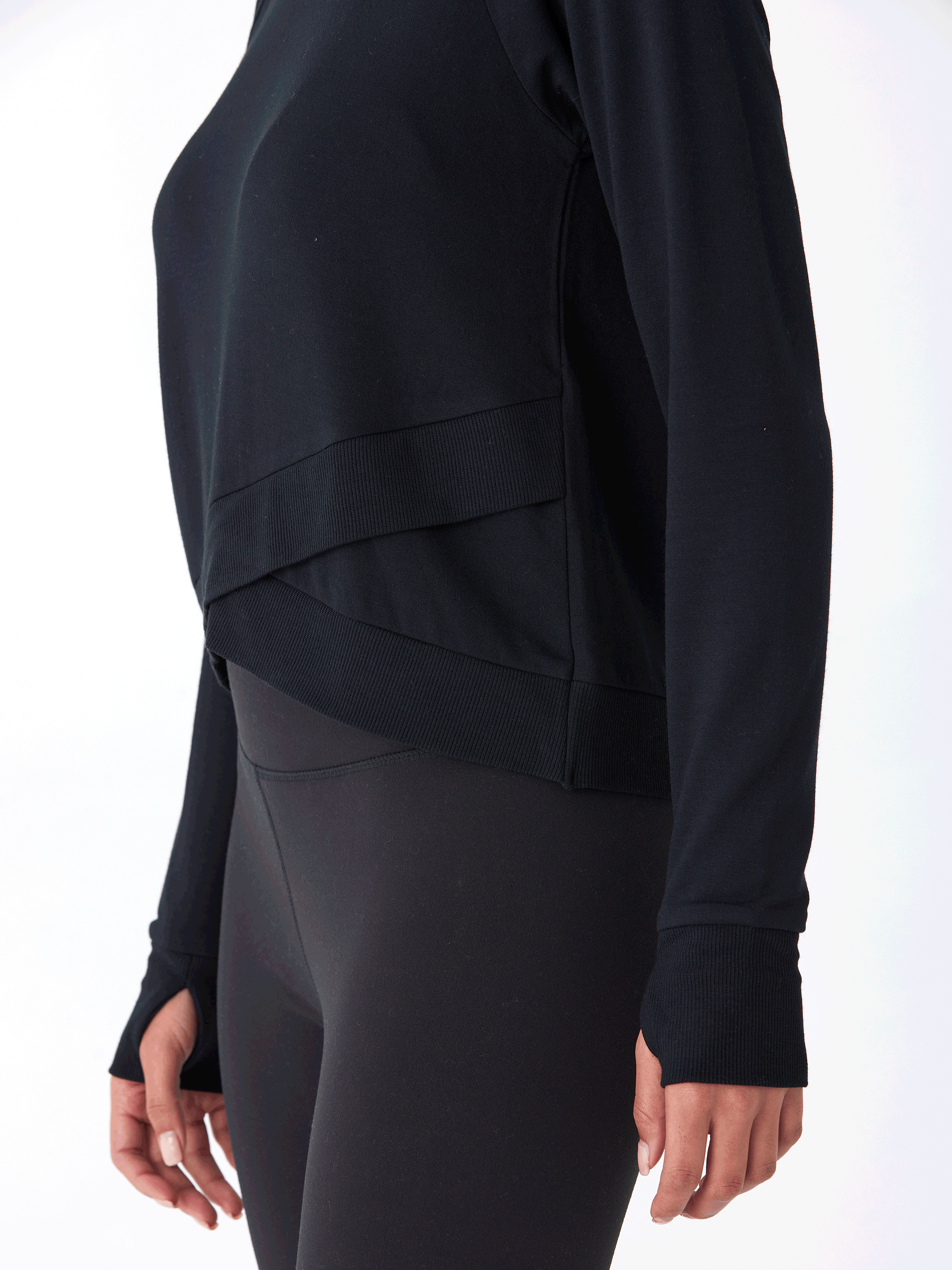 Halle Feather Fleece Crossover Hem Top in Black
