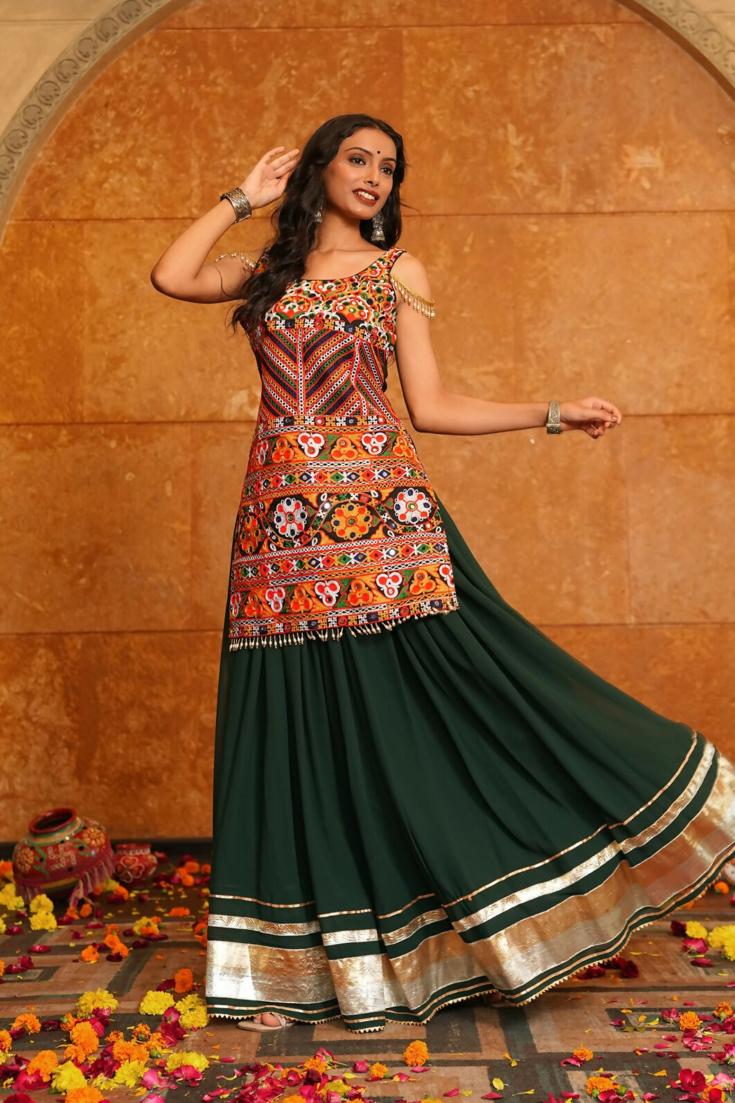 Green Georgette Designer Navratri Lehenga Choli with Multi Blouse