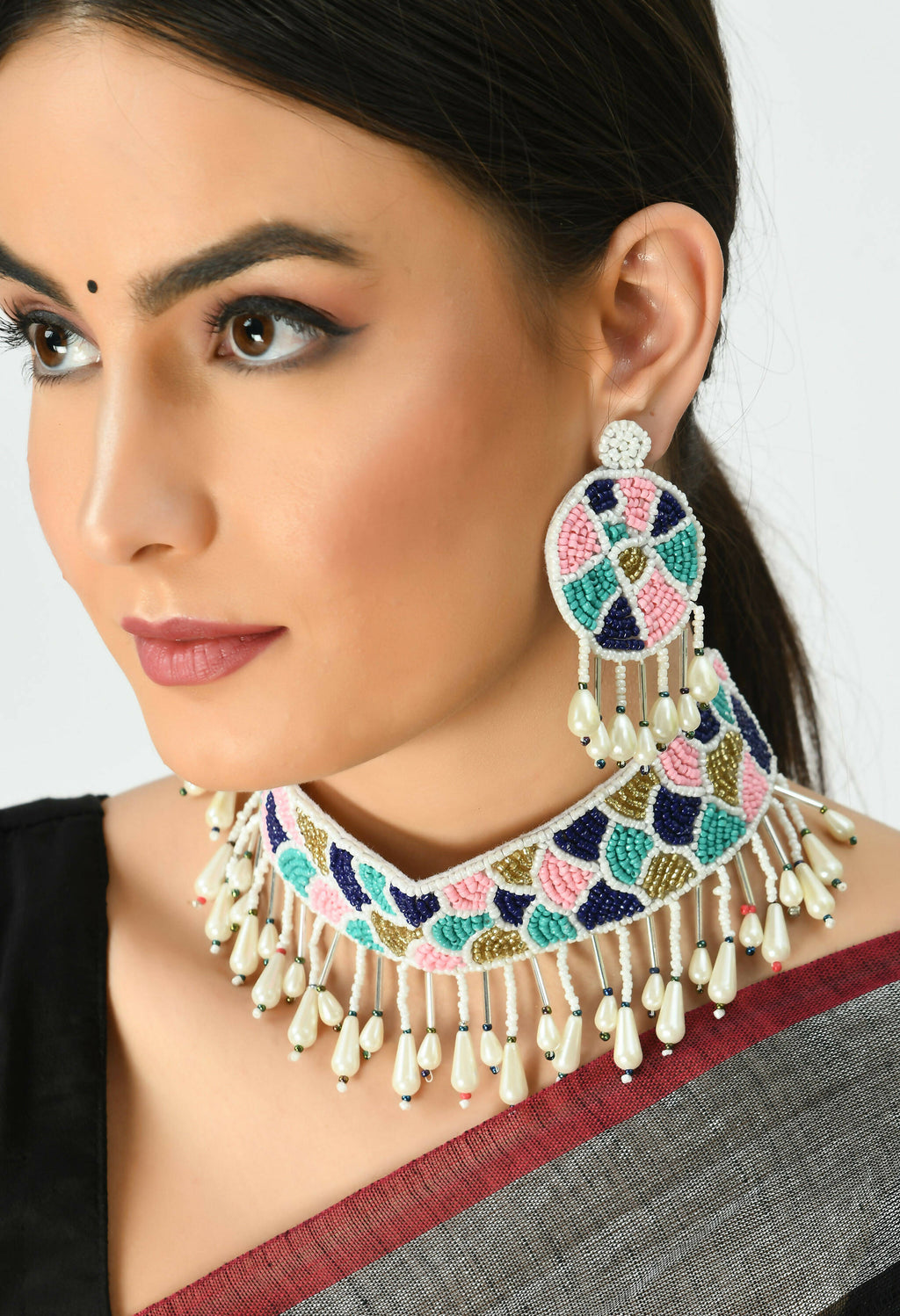 Multi-Color Beaded Choker Necklace with Dangle Earrings Set