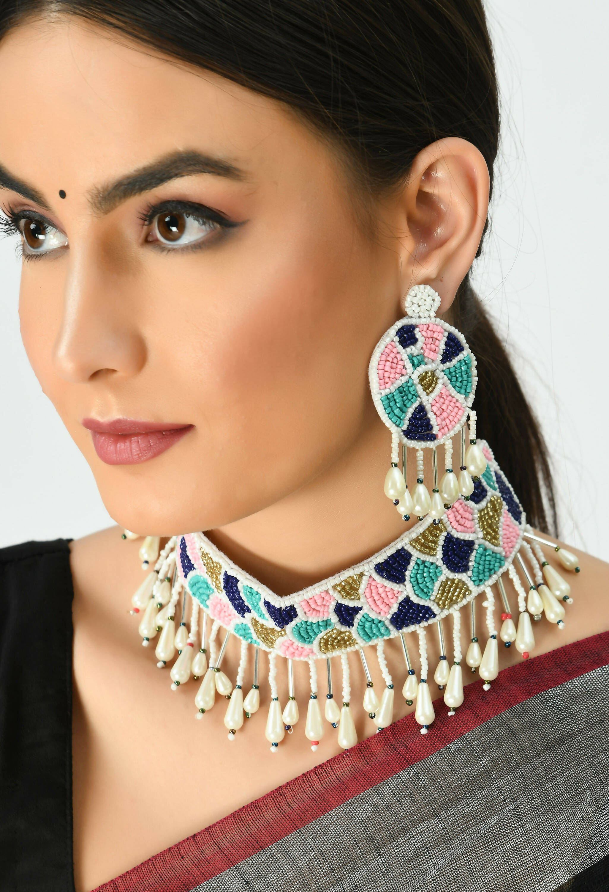 Multi-Color Beaded Choker Necklace with Dangle Earrings Set