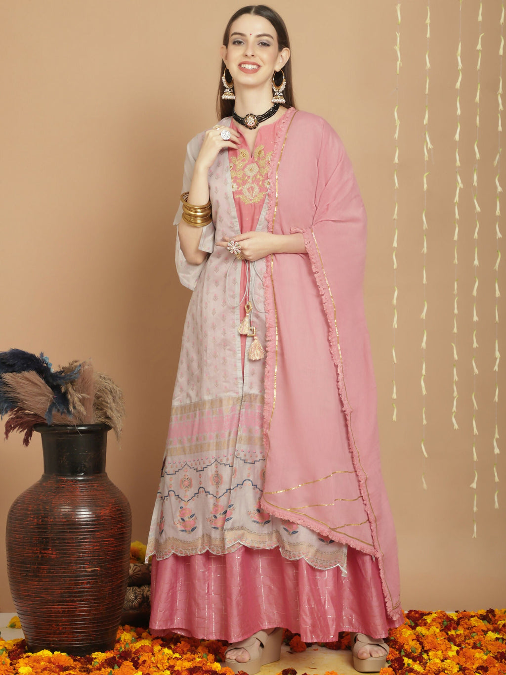 Elegant grey Chanderi silk A-line kurta set with Jardoshi embroidery and palazzo pants.