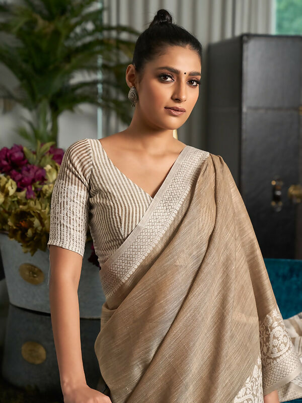 Beige Woven Linen Saree with Zari Border and Tassels