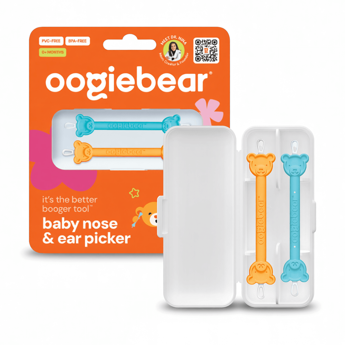 Two pack dual-ended baby nose and ear cleaner tool by oogiebear in blue, orange, and pink