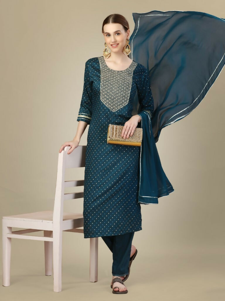 Jyoti Fashion Women's Morpich Silk Blend Embroidery & Sequence work Kurta with Trouser & Dupatta