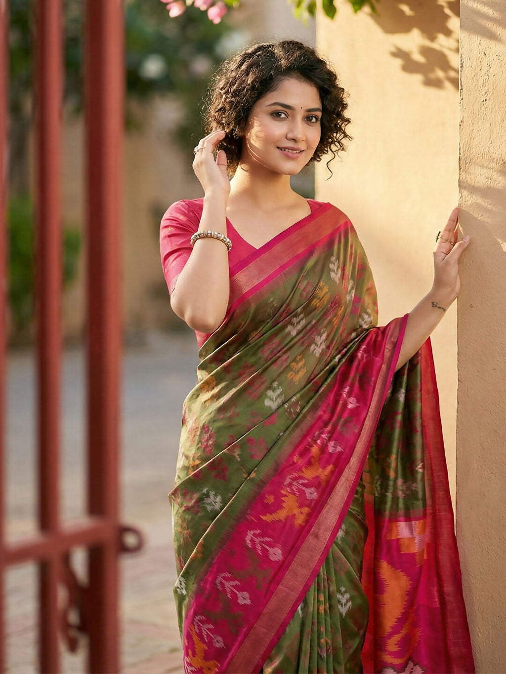 Olive Green Pochampally Silk Saree with Matching Blouse