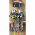 Silver tone Jaipur long chain jhumki earrings with multicolor details