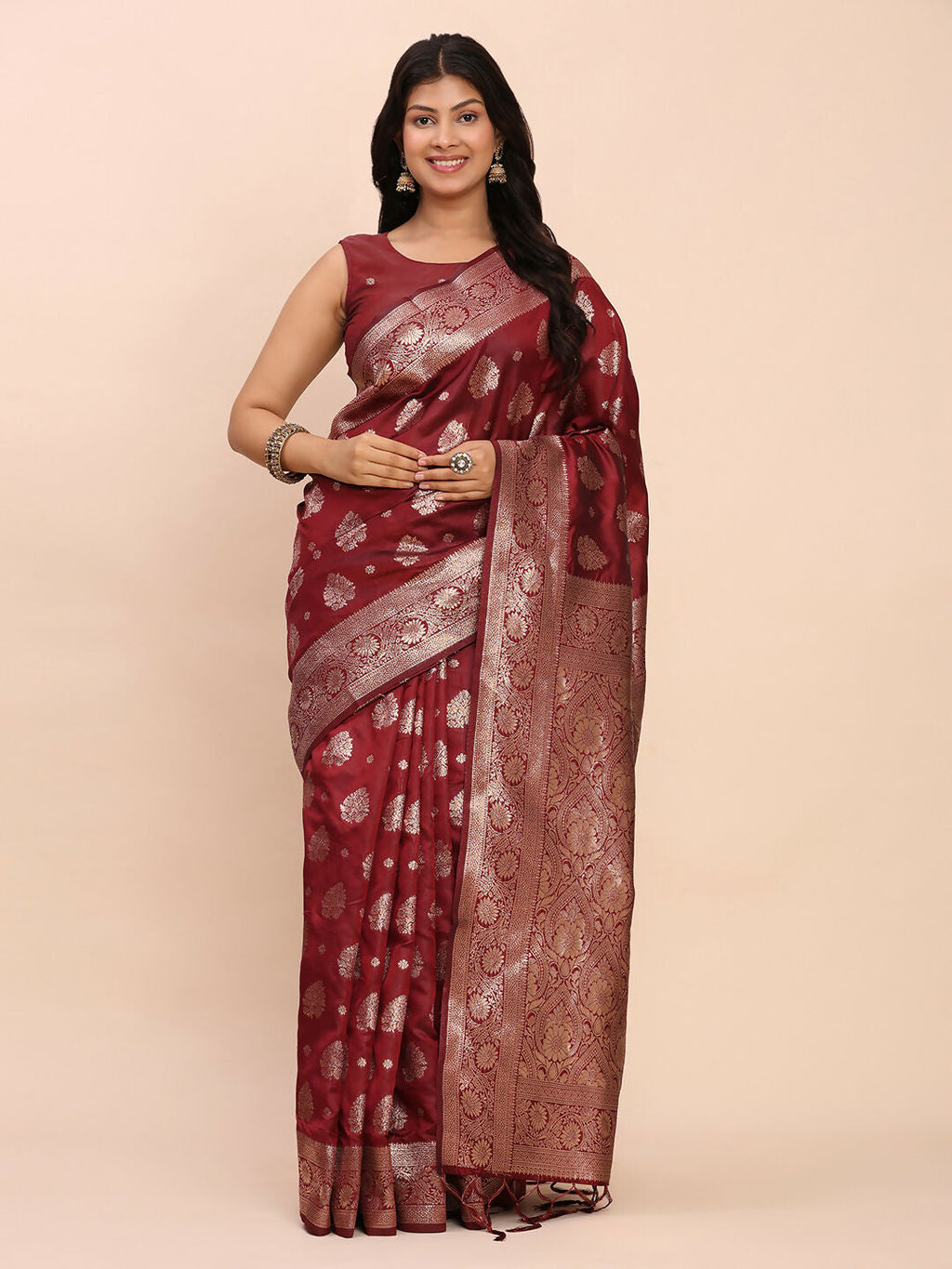 Maroon Banarasi silk saree with matching blouse fabric