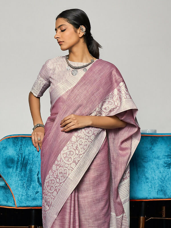 Elegant Mauve Woven Linen Saree with Contrast Zari Border & Tassels