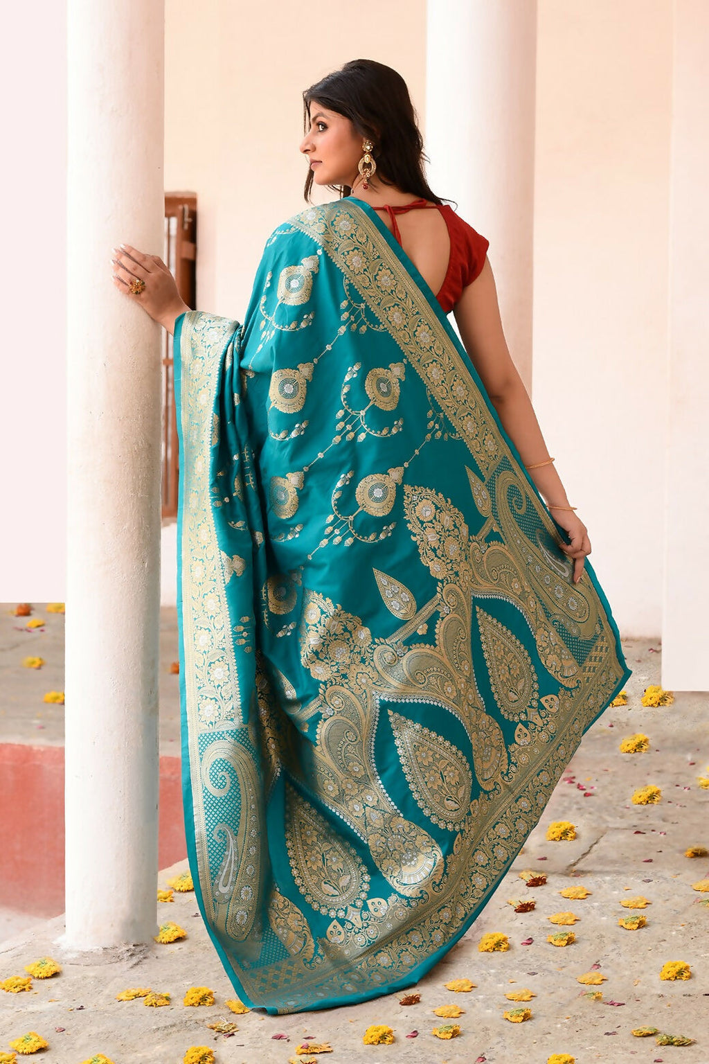 Teal Green Banarasi Soft Pure Handloom Silk Saree