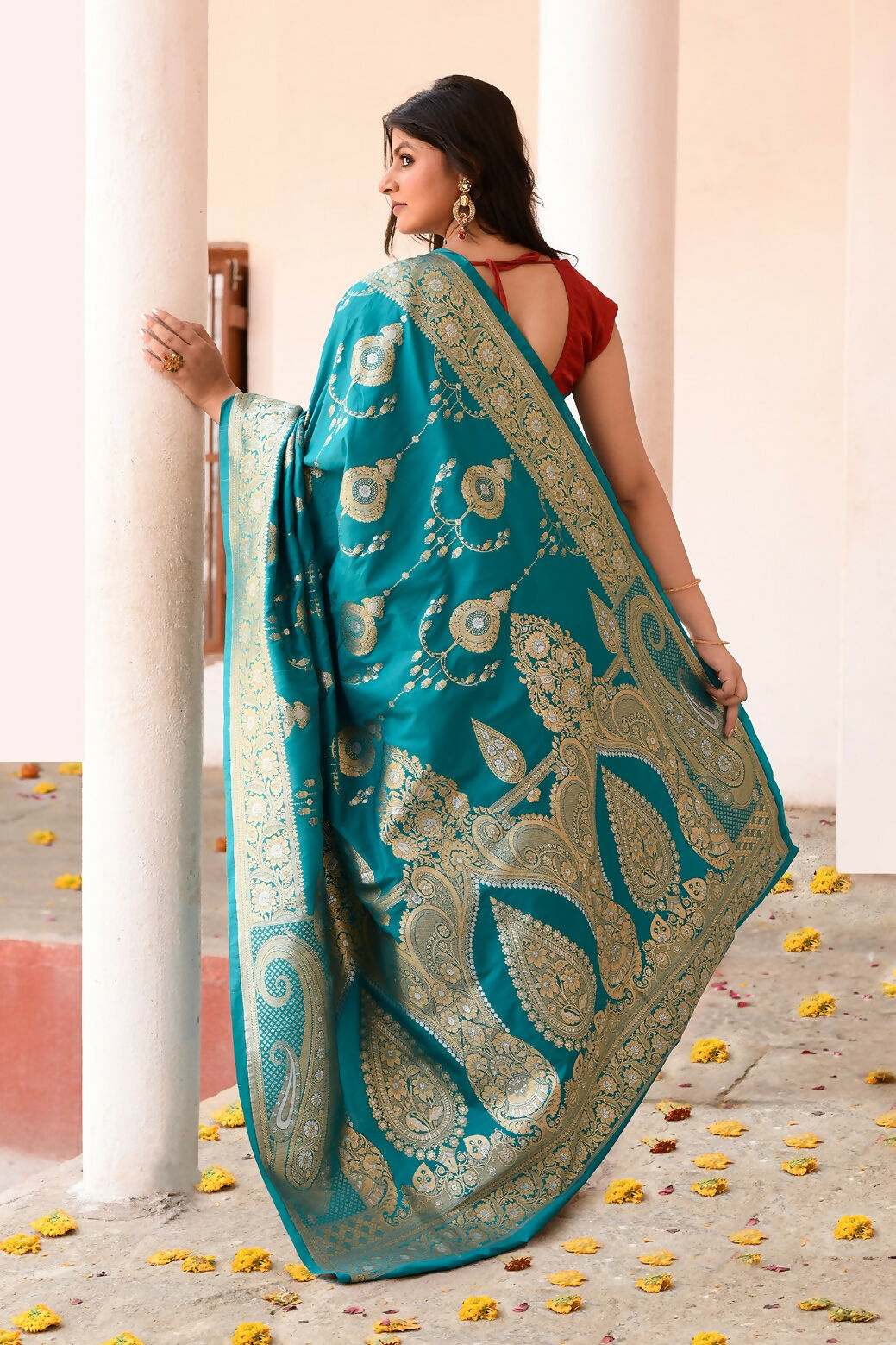 Teal Green Banarasi Soft Pure Handloom Silk Saree