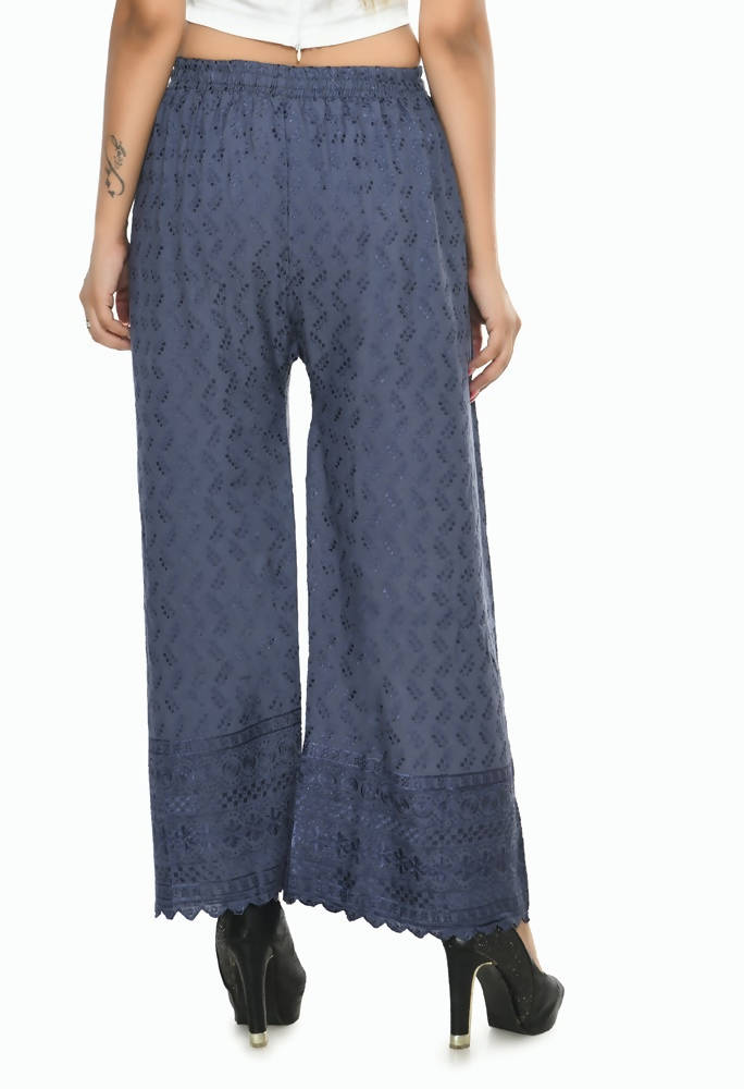 Grey Rayon Cotton Palazzo Pants with Chikankari Work