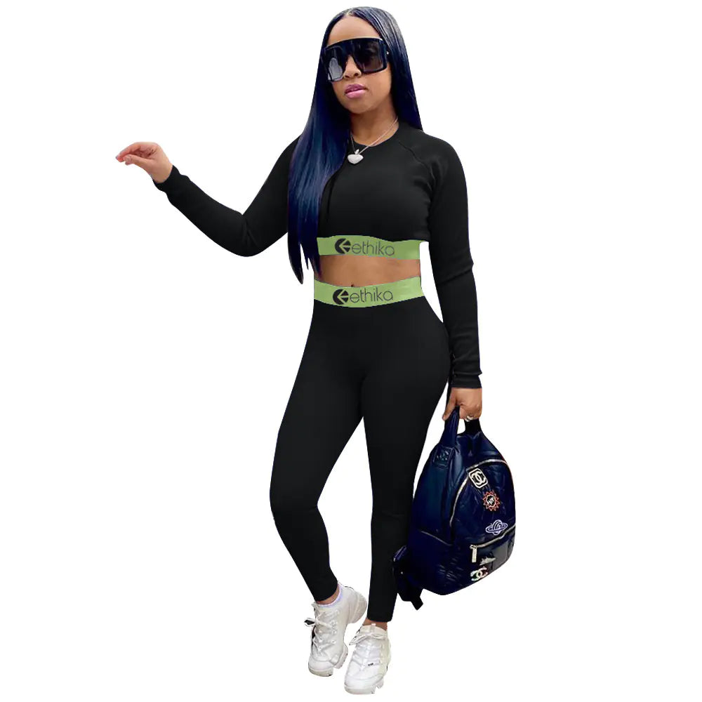 Women's Ribbed Long Sleeve Crop Top and Legging Sports Set - Image 9
