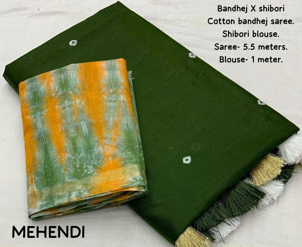 Mehndi Chanderi Cotton Block Print Saree with Unstitched Blouse