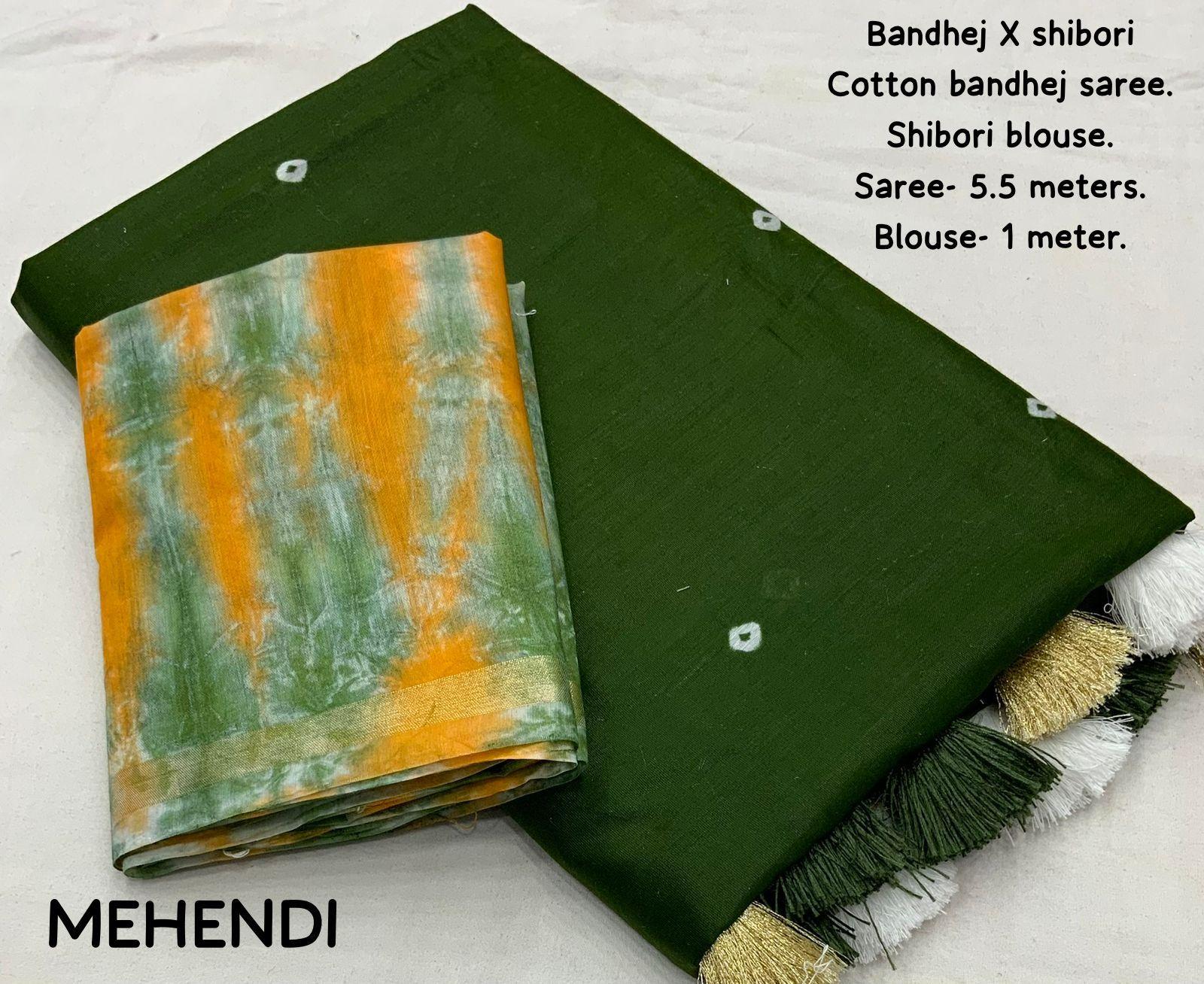 Mehndi Chanderi Cotton Block Print Saree with Unstitched Blouse