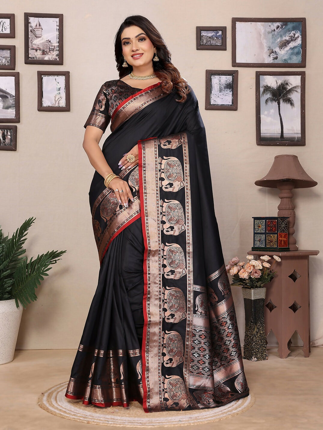 Joban Fashion Black Solid Banarasi Silk Sarees
