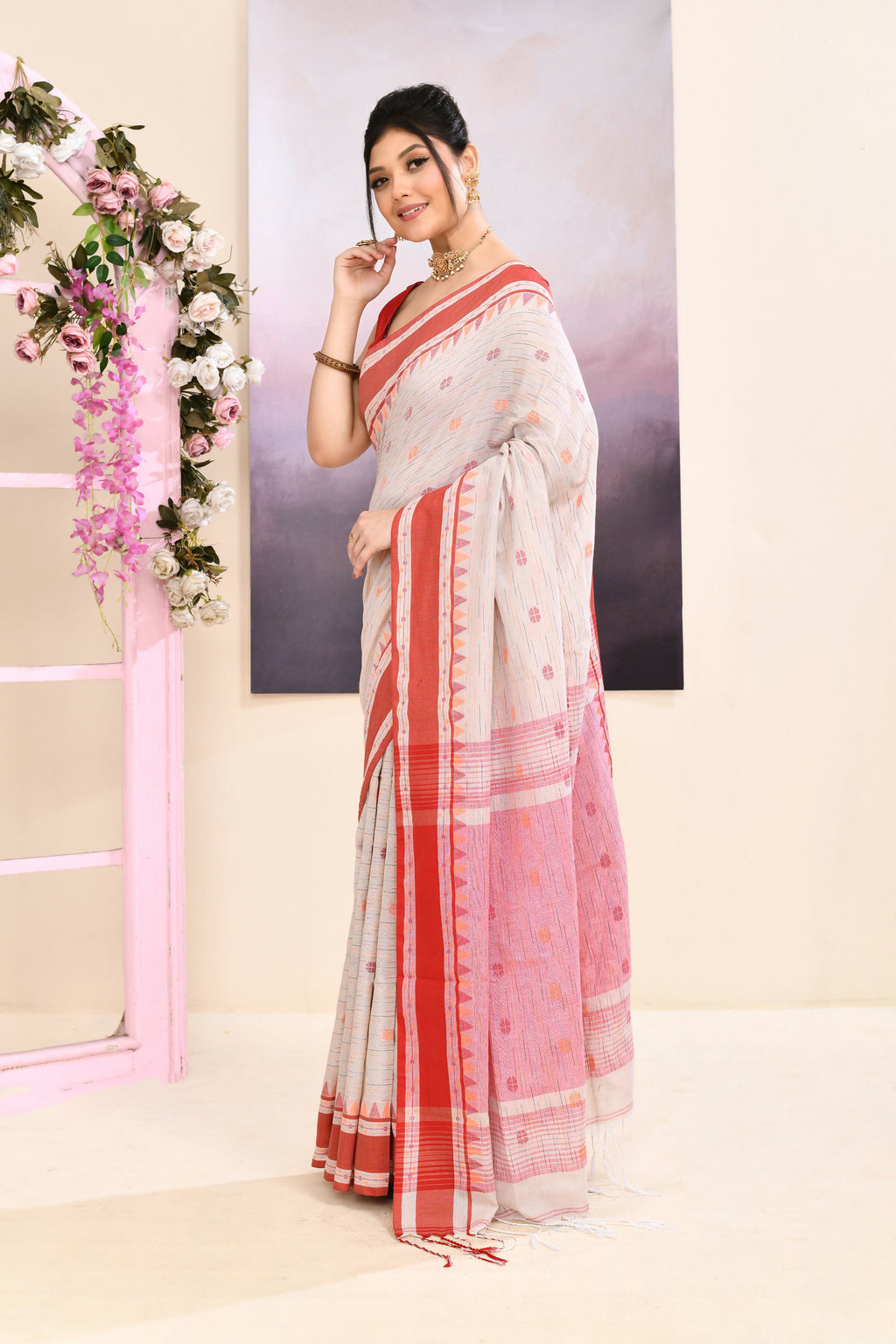 Beige Embellished Cotton Saree for Elegant Daily Wear