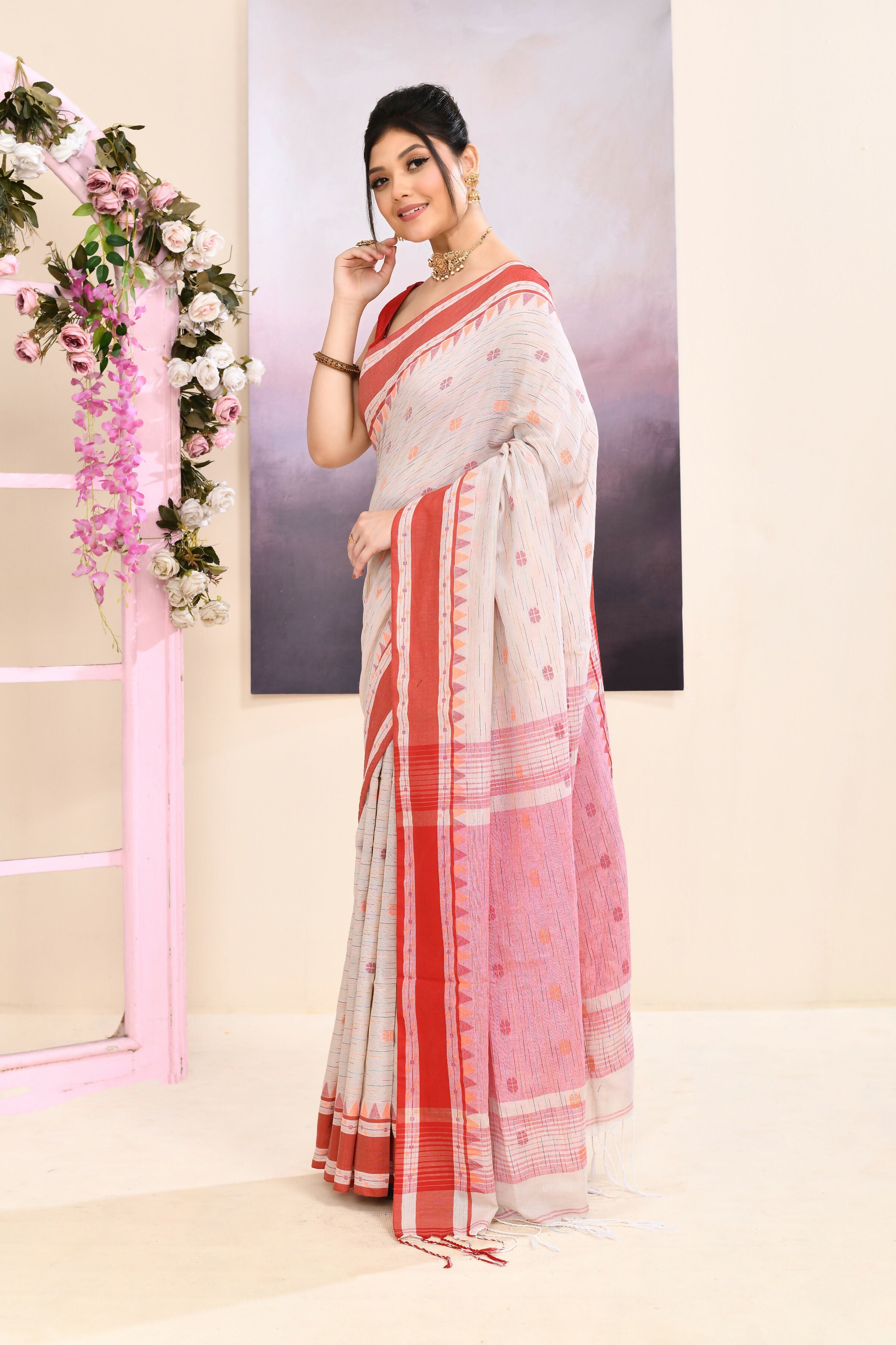 Beige Embellished Cotton Saree for Elegant Daily Wear