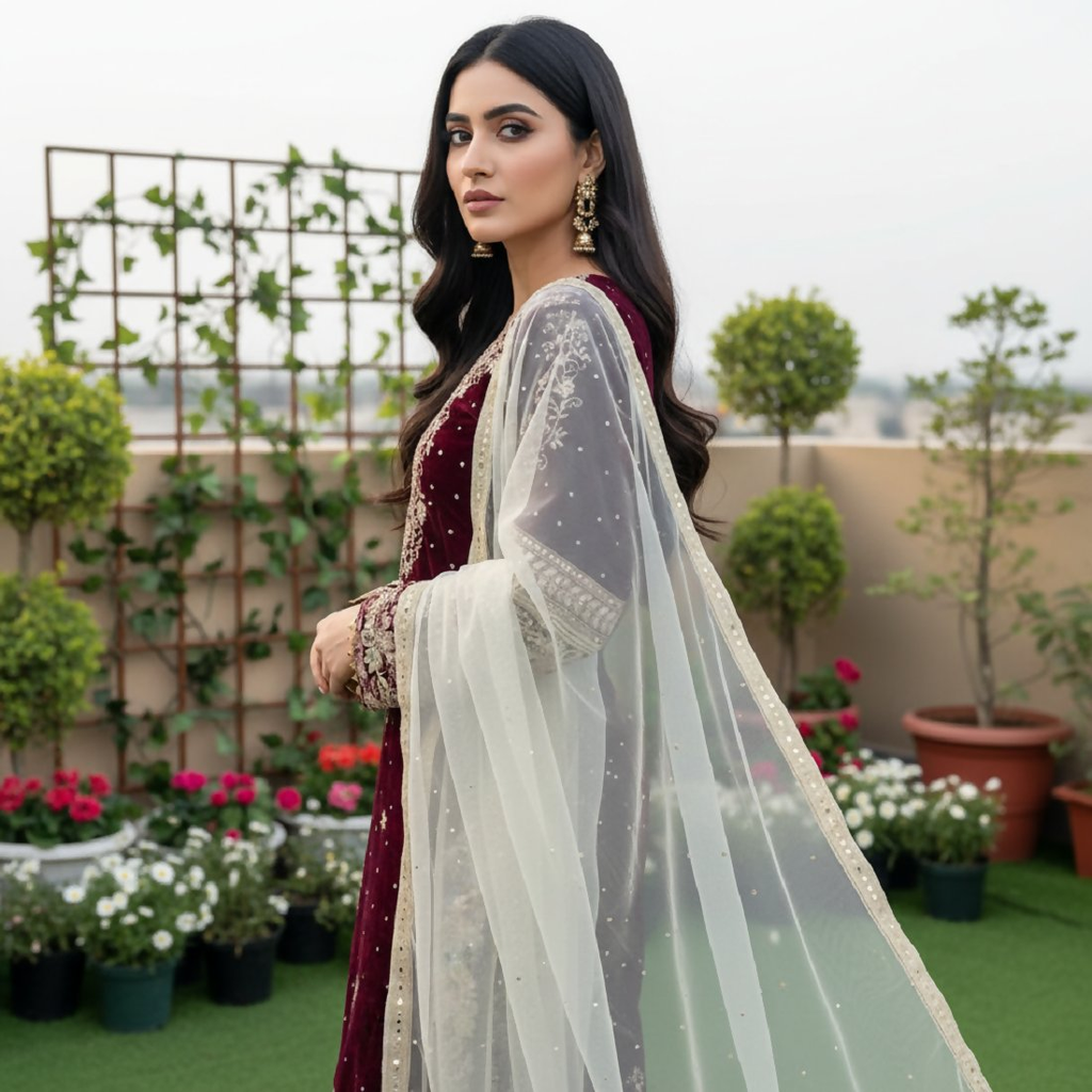Maroon Velvet Embroidered Kurta Set with Sequence Details
