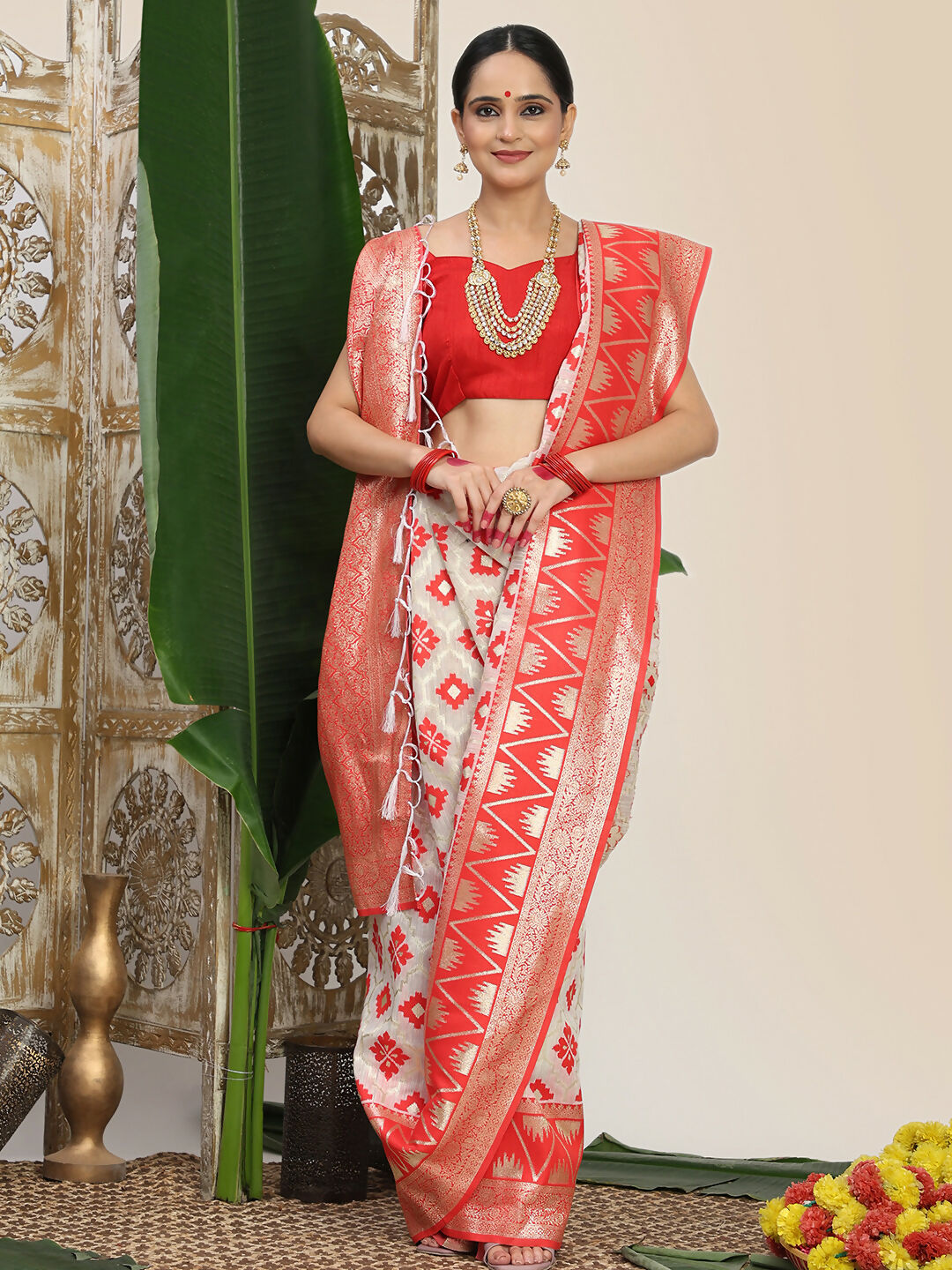Red and White Linen Cotton Saree with Matching Blouse