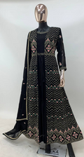Elegant black faux georgette gown with intricate embroidery and matching sequence work jacket