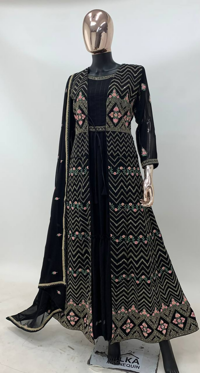 Elegant black faux georgette gown with intricate embroidery and matching sequence work jacket