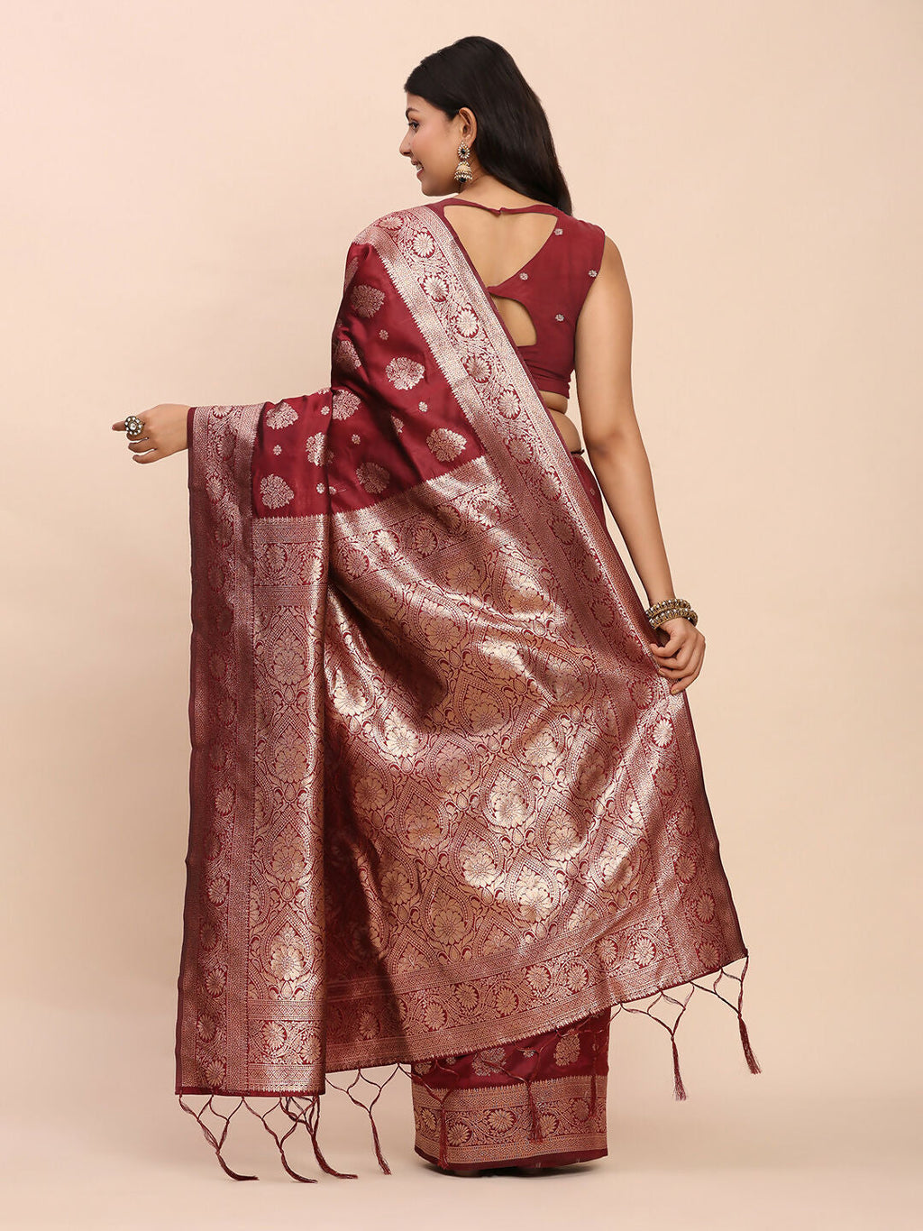 Maroon Banarasi Silk Saree with Matching Blouse Piece