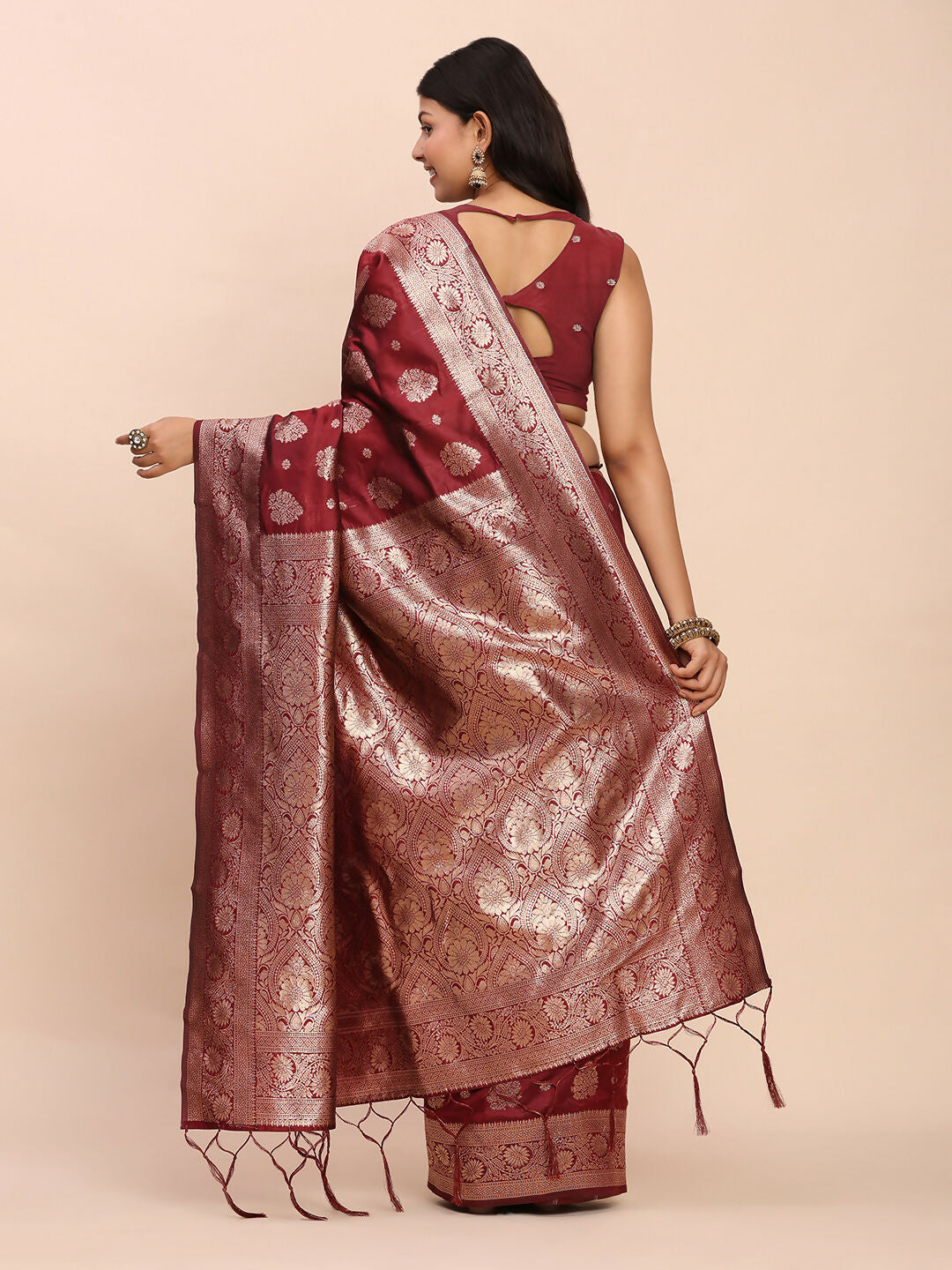 Maroon Banarasi Silk Saree with Matching Blouse Piece