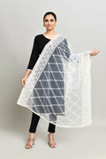 White cotton dupatta featuring intricate Pakistani Karanchi embroidery work