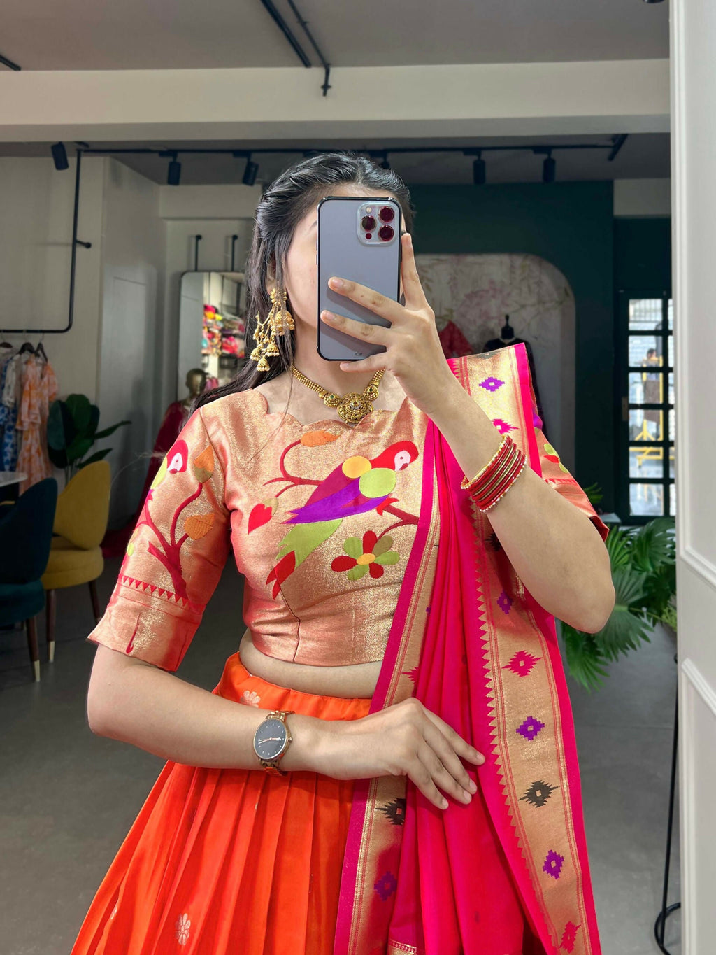 Red Paithani Lehenga Choli in Jacquard Silk for Festive Wear