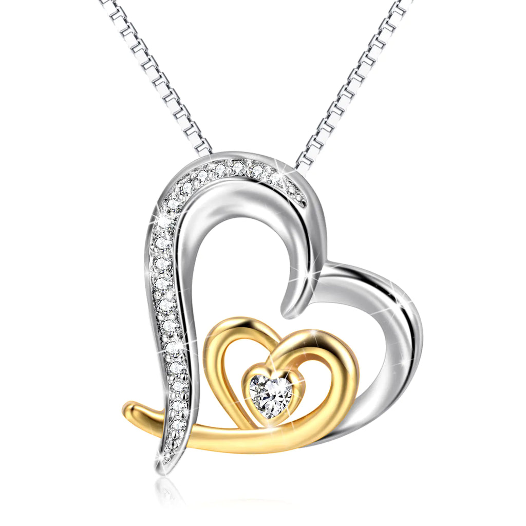 Double Heart Pendant, Gold-Plated Diamond Necklace, 925 Silver