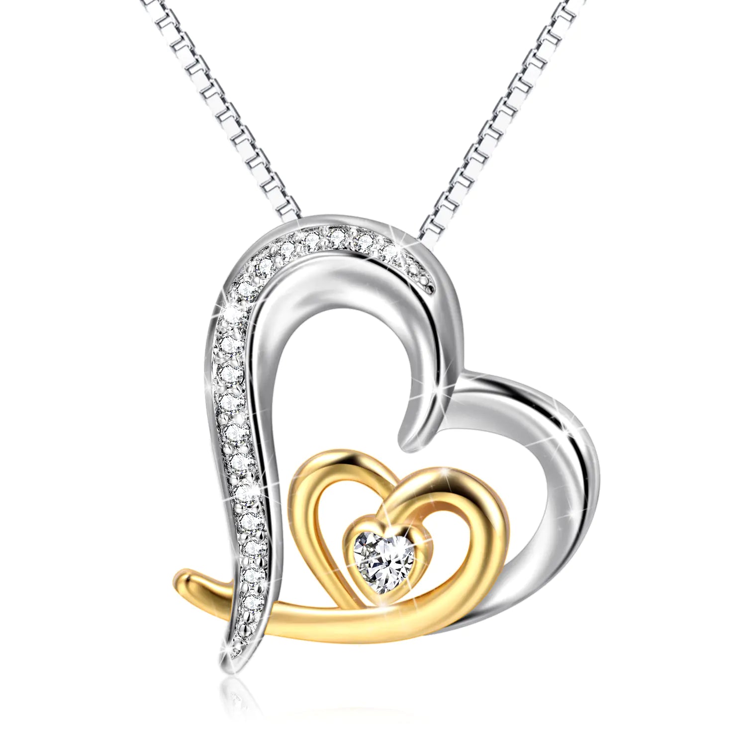 Double Heart Pendant, Gold-Plated Diamond Necklace, 925 Silver