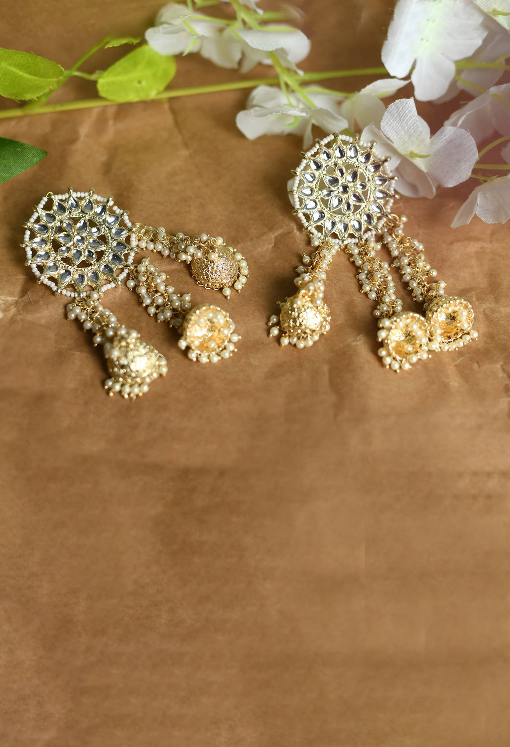 Johar Kamal Golden Plated Earrings with Kundan and Pearls