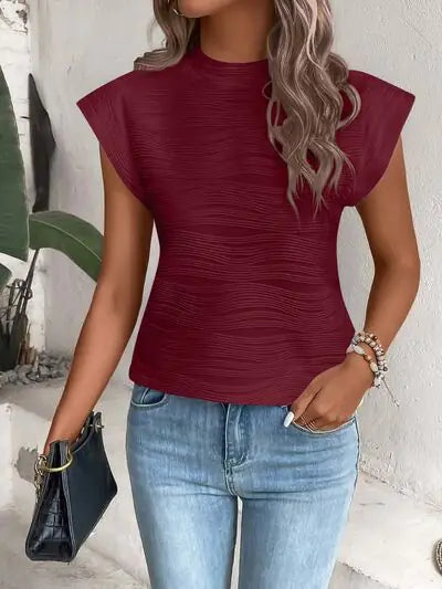 White Textured Wave Pattern Cap Sleeve Top - Image 3