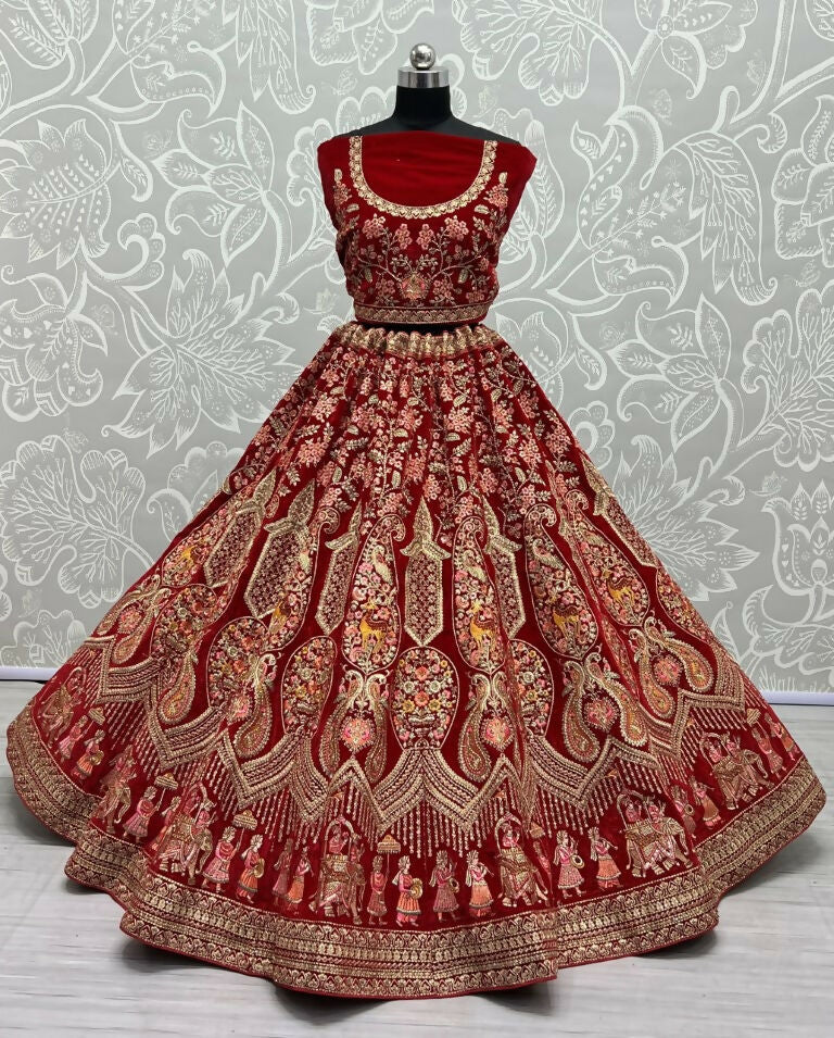 Red Velvet Wedding Lehenga Choli with Multi Thread & Zircon Diamonds