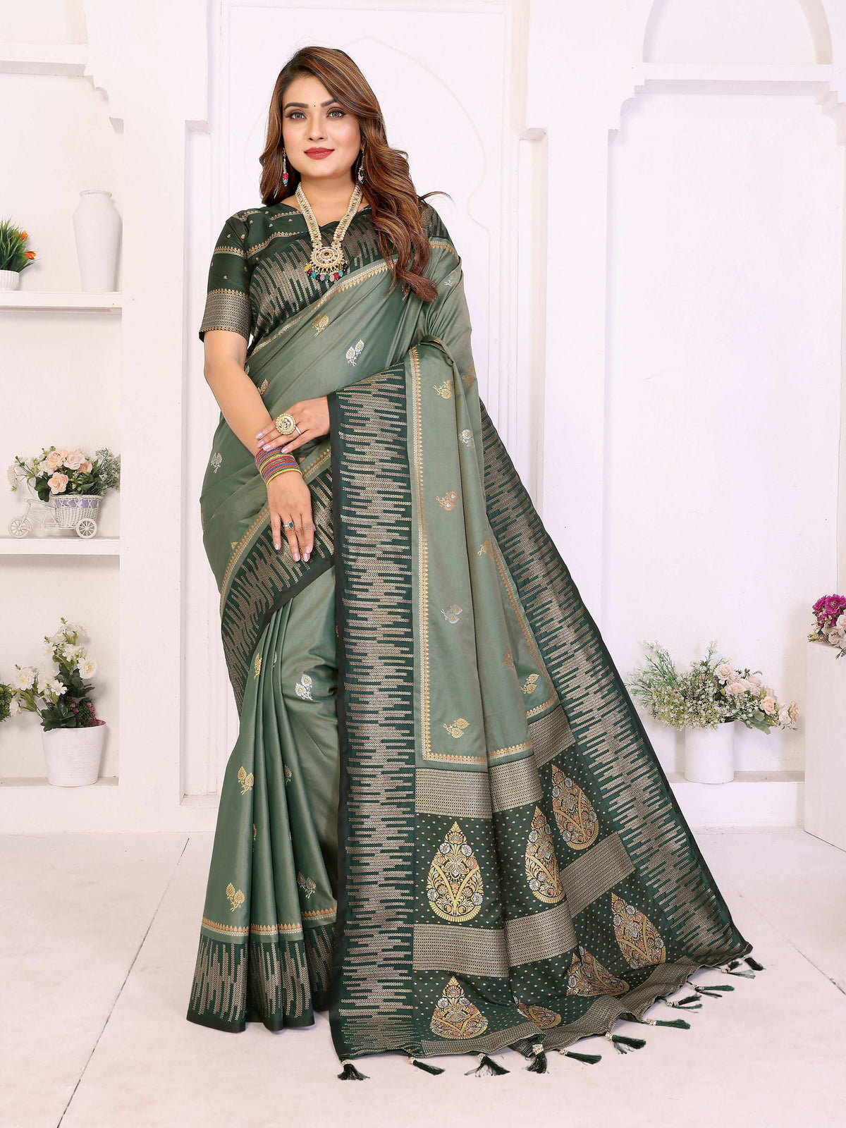 Aastha Fashion Mehndi South Soft Silk Saree with intricate gold zari weaving and matching blouse piece