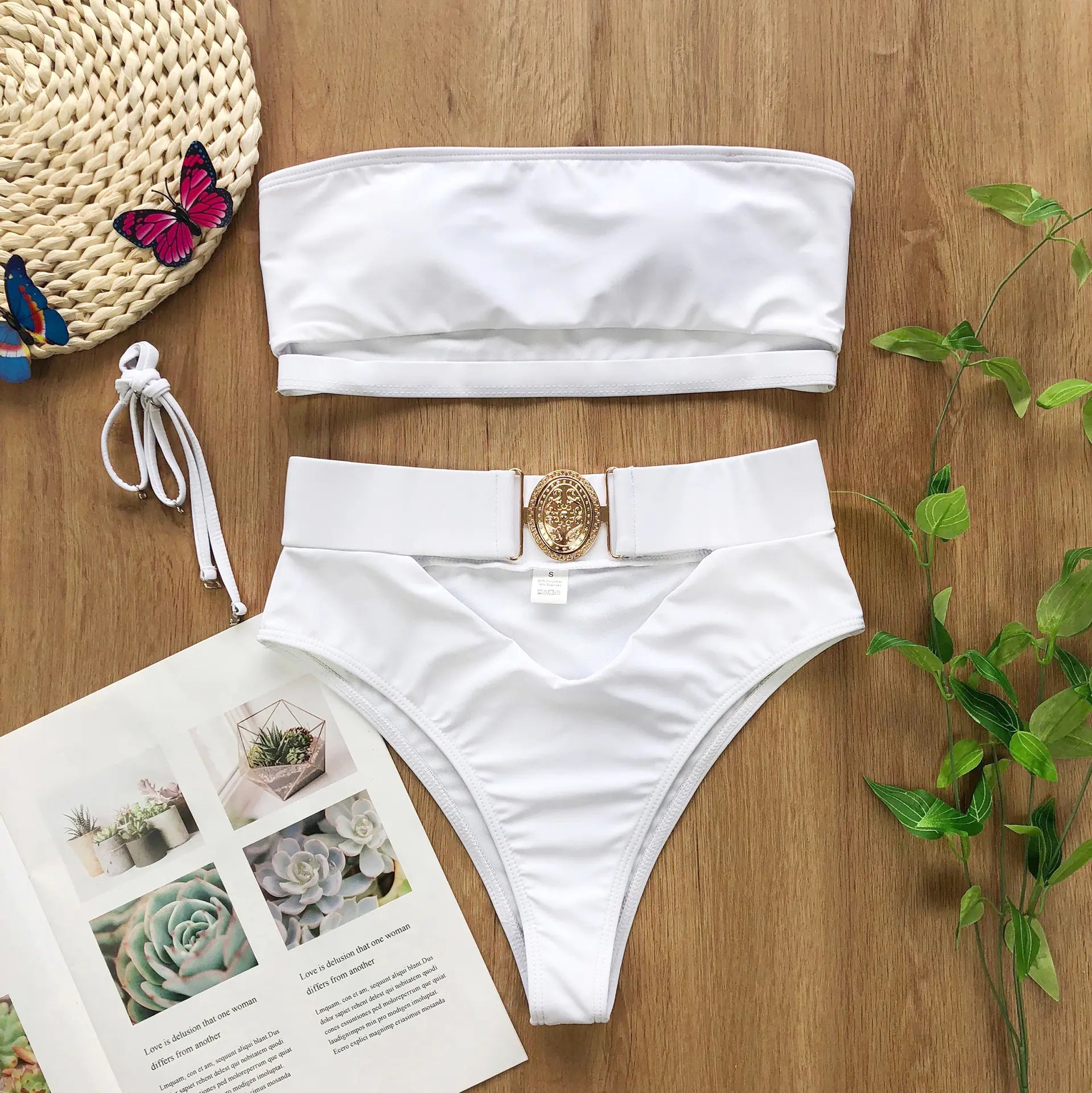 Chic Metal Buckle Strapless Bikini Swimsuit for Women