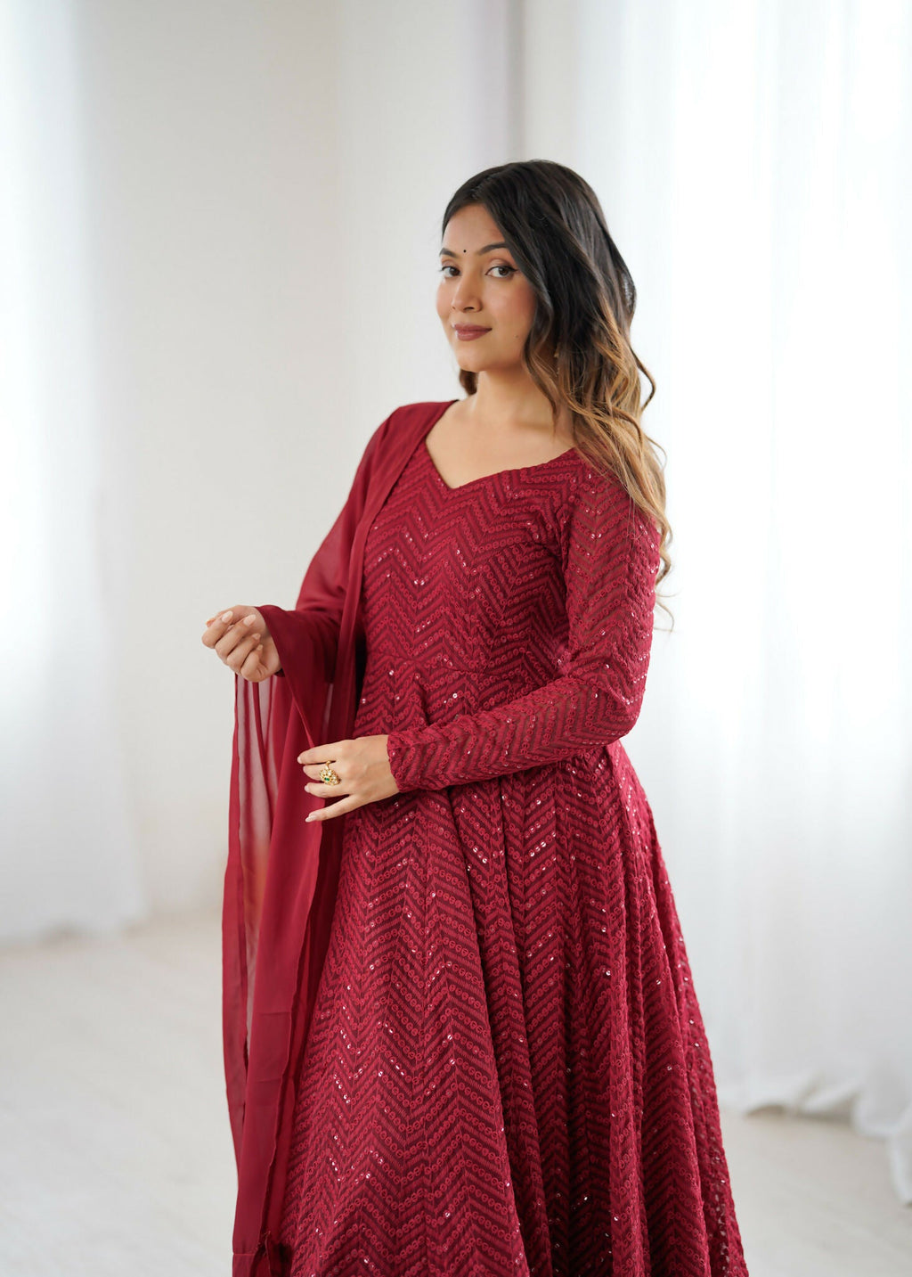 Maroon Georgette Kurta Set with Intricate Sequence Embroidery