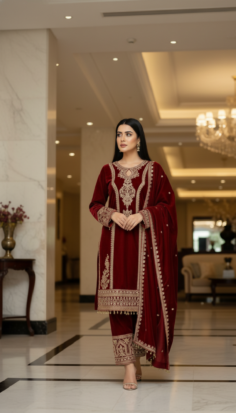 Maroon Velvet Embroidered Kurta Set with Sequence Work