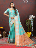 Elegant skyblue cotton saree with gold geometric zari weaving and a matching silk blouse